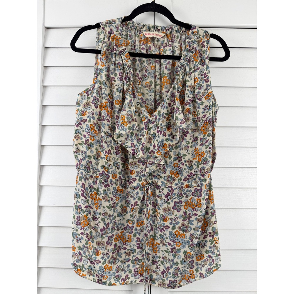 Rebecca Taylor Floral Ruffle Blouse Women 10 Multicolor Silk Sleeveless